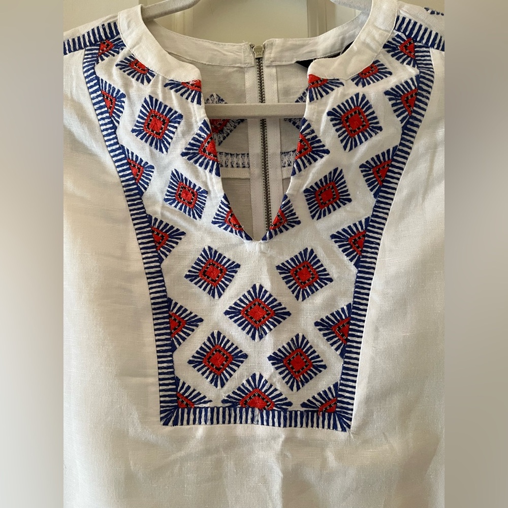 J.Crew sleeveless split neck linen embroidered diamond pattern sheath dress XS - Picture 2 of 6